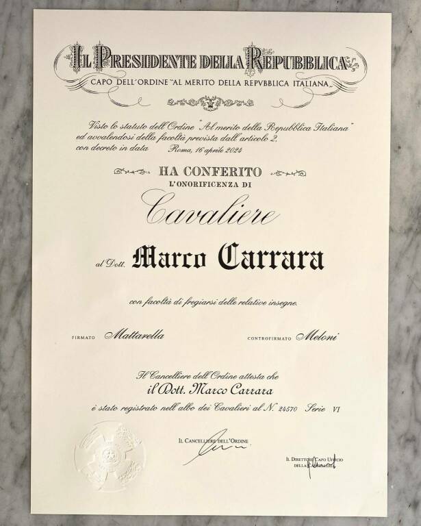 Marco Carrara cavaliere della repubblica italiana