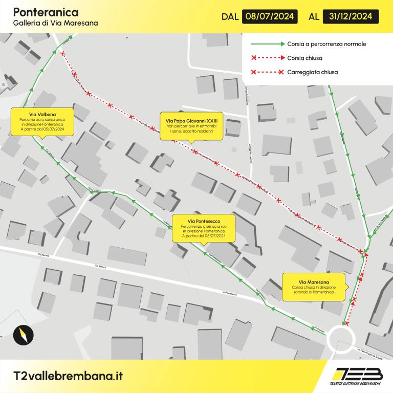 Nuova Linea T2 Bergamo, Villa d’Almé: modifiche alla viabilità a Ponteranica per i cantieri